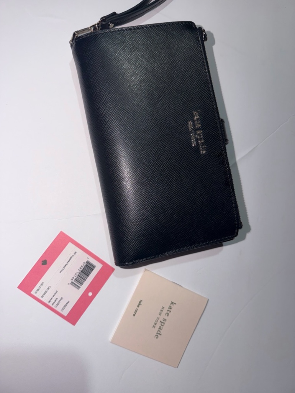 kate spade Black Saffiano Leather Wristlet Wallet with Gold Logo